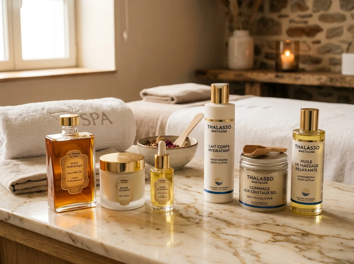 Флаконы профессиональной косметики La Sultane de Saba и Thalasso Bretagne на мраморной поверхности спа-кабинета, тёплый свет